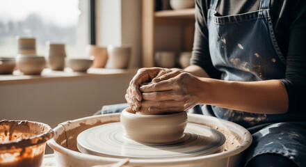 Hands Shaping Clay on Pottery Wheel in a Bright Ceramic Studio
