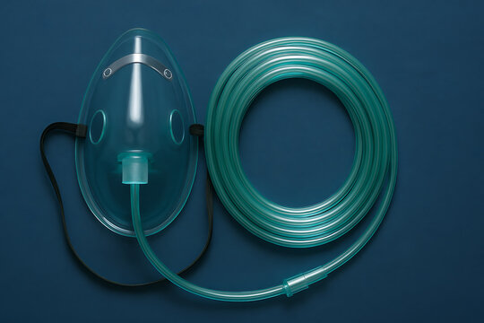 Medical oxygen mask with attached tubing placed on a dark blue surface, used for respiratory support in healthcare settings.