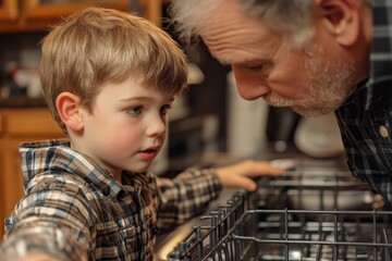 Little boy helping his father load the dishwasher after breakfast, illustrating the importance of family cooperation and daily routines, Generative AI