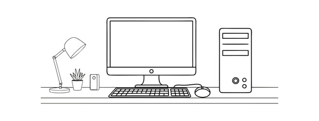 Illustration of vector outline detail from the complete desktop computer setup, including monitor, CPU, keyboard, mouse, desk light, and plant on the workbench. Suitable for technology and office them