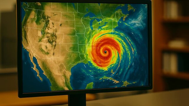 Climate data visualization. Hurricane weather map computer monitor showing storm approaching southeastern and eastern United States with vivid colors