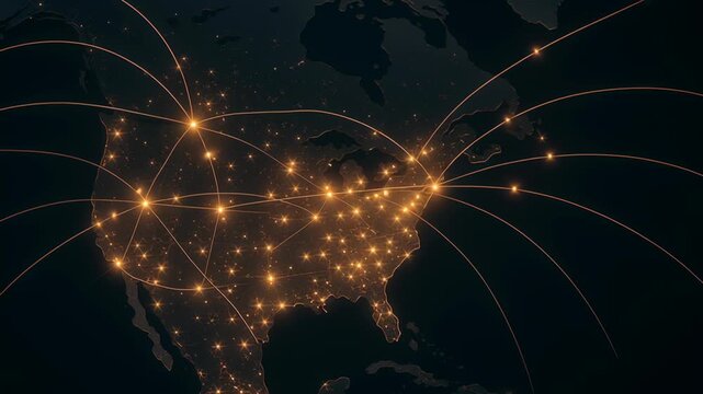 Climate data visualization. Glowing network map of United States showing dynamic communication connection points and lines across country with bright flow