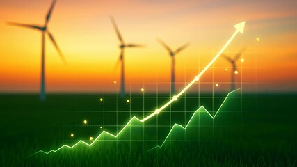 Climate data visualization. Graph with upward trend and glowing green arrow over field of wind turbines at sunset showing growth and renewable energy progress - Powered by Adobe