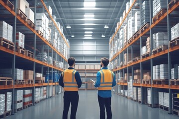 Two project managers standing in a modern industrial factory, overseeing robotics, automation, and the storage of products and materials in the warehouse, Generative AI