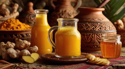 Golden beverage in glass jugs, ginger root, turmeric powder, honey, and rustic pottery