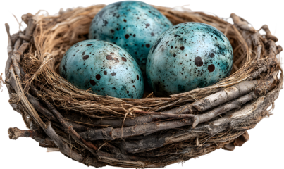 Nest with blue speckled eggs surrounded by twigs and leaves isolated on transparent background.