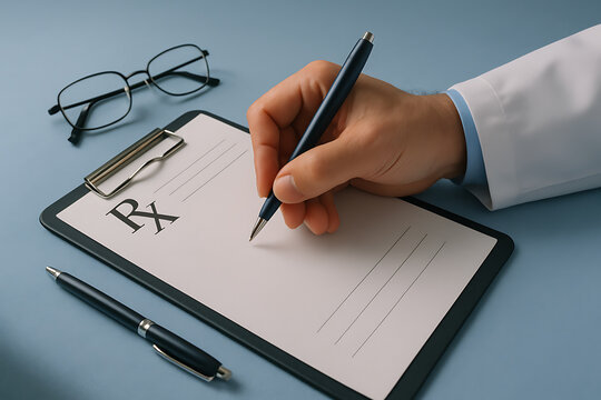 A doctor writing a prescription on a clipboard, with a pen and glasses on a blue surface.