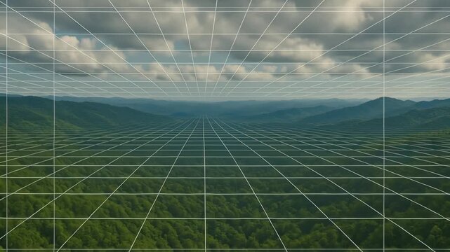 Climate data visualization. Grid overlay of white lines and squares covers green forest and distant mountain landscape cloudy sky creating futuristic digital