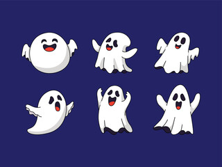 Playful cartoon ghosts in various poses, celebrating Halloween.