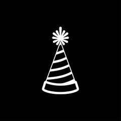 A white party hat with stripes and a pom-pom on top, isolated on a black background.