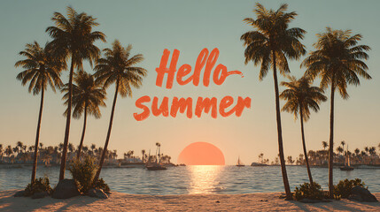 Text hello summer for tropical holiday travel season, beach palm trees and sunset over the sea or ocean horizon illustration. greeting card or flyer wallpaper, tourism banner background.