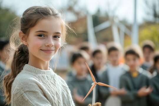 Young teacher holding a model of a wind turbine while educating pupils about wind energy, emphasizing the importance of sustainable energy sources, Generative AI