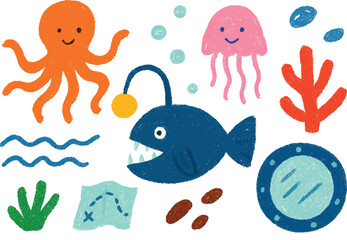 Naklejka premium Cute Ocean Life Illustration: Octopus, Jellyfish, Anglerfish, Underwater Scene, Childrens Book, Marine Animals, Crayon Texture