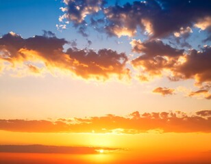 Vibrant sunset with orange and blue hues, fluffy clouds fill the sky