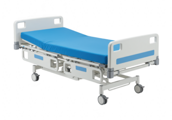 A modern hospital bed with a blue mattress and adjustable features, isolated on transparent background