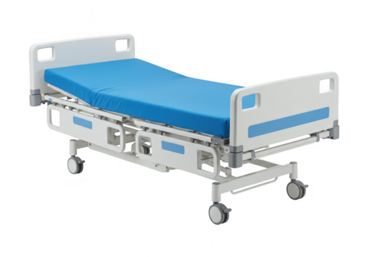 A modern hospital bed with a blue mattress and adjustable features, isolated on transparent background