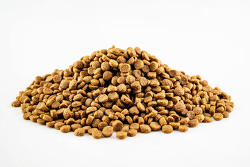 Dog and cat dry food splattered isolated over a white background