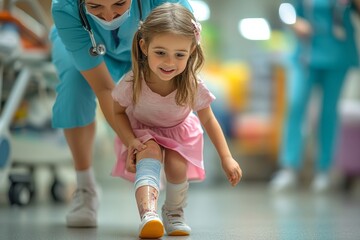 Young nurse assisting a little girl with a broken leg to walk, demonstrating compassionate care and the importance of rehabilitation in pediatric healthcare, Generative AI