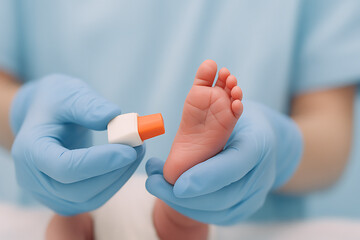 A healthcare professional performs a heel prick test on a newborn for blood sample collection using a lancet device.