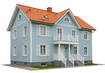 A charming light blue wooden house with an orange roof and white shutters, isolated on a transparent background