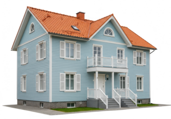 A charming light blue wooden house with an orange roof and white shutters, isolated on a transparent background