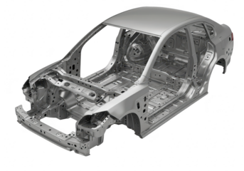 The bare metal chassis of a modern sedan car, isolated on a transparent background