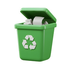 3D Green Recycling Bin with Lid Open and Paper Waste on Transparent Background