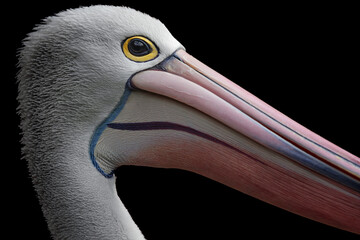 Close-up portrait of an Australian pelican (Pelecanus conspicillatus). Australian pelican is a large waterbird. Bird in natural environment.