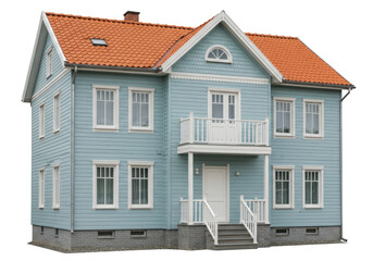 A charming light blue wooden house with an orange roof and a white balcony, isolated on a transparent background