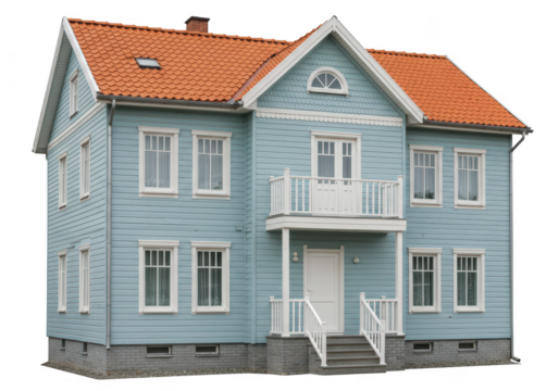 A charming light blue wooden house with an orange roof and a white balcony, isolated on a transparent background - Powered by Adobe