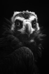 Black and white portrait of an Cinereous Vulture or Eurasian Black Vulture (Aegypius monachus)