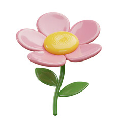3D Cartoon Pink Flower with Green Stem and Yellow Center Isolated on Transparent Background