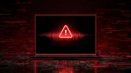 Glowing red warning symbol on laptop screen amidst digital glitch background