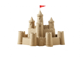 A detailed sandcastle with multiple towers and a red flag on top, isolated on a transparent background