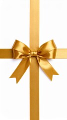 A beautifully tied gold ribbon bow on a white background, ideal for gift wrapping, celebrations, and festive occasions.