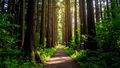 Fototapeta premium Serene pathway through towering trees in a lush green forest at dawn