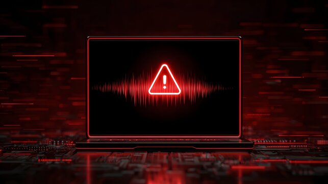 Glowing red warning symbol on laptop screen amidst digital glitch background