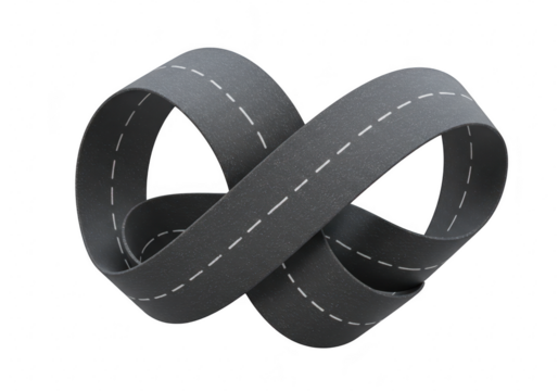 An abstract representation of an infinity symbol made from a road with white dashed lines, isolated on white isolated on transparent background