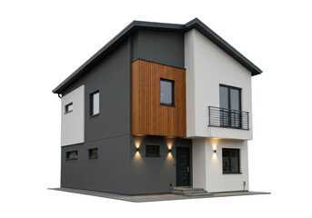 A contemporary twostory house with a mix of dark gray, white, and wood accents, isolated on white isolated on transparent background