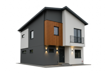 A contemporary twostory house with a mix of dark gray, white, and wood accents, isolated on white isolated on transparent background
