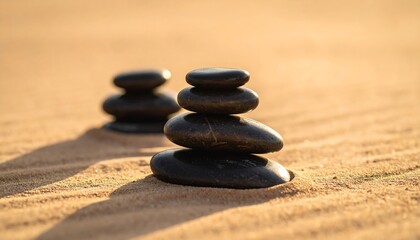 Two stacks of smooth, dark stones sit on pale sand, bathed in warm light