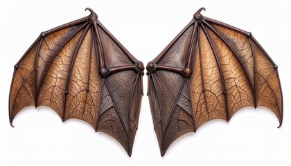 Close-up of realistic brown bat wings with detailed textures, displayed symmetrically on a white background.