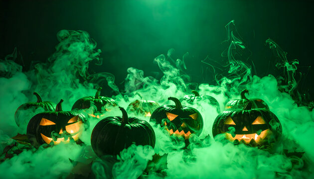 Halloween pumpkins in smoky setting
