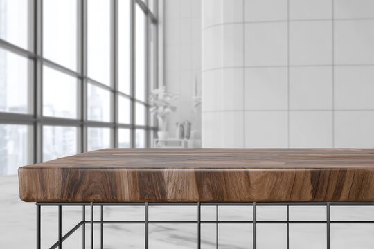 Wooden table with metal frame against blurred modern background