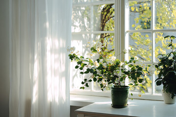 Fototapeta premium Sunlight streams through a white sheer curtain onto a windowsill with green potted plants and a view of lush trees outside