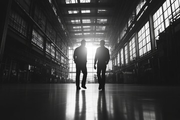 Engineers and a foreman walking together in a modern industrial factory, discussing a new production project or investment, emphasizing team collaboration in manufacturing, Generative AI