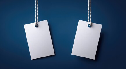 Two blank rectangular tags hang from strings against a deep blue background, offering a clean, minimalist design ideal for branding or mockup purposes