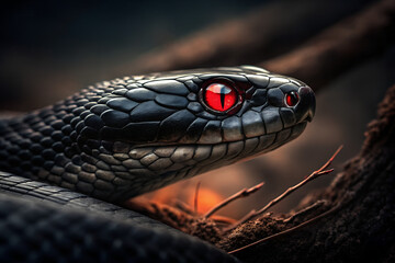 Black Snake with Red Eyes in Dark Forest Environment Close-Up
