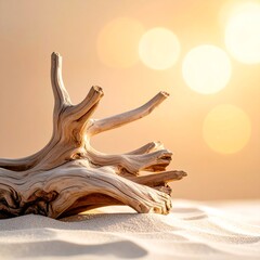 Obraz premium Weathered driftwood rests on pale sand, backlit by a soft, blurred sunset