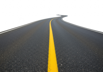 An empty asphalt road with a yellow center line curves into the distance against a transparent background
